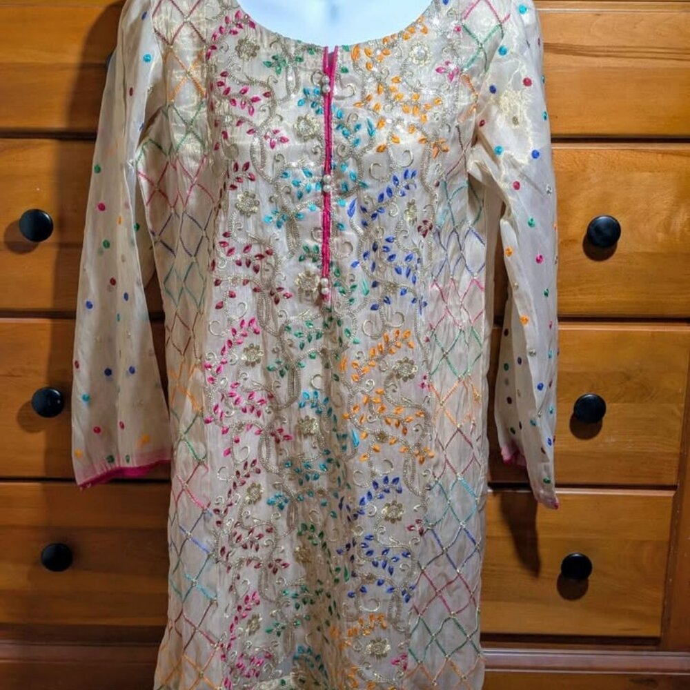 Pakistani‎ Embellished Kameez Medium Gold Sheer Silk Blend Kurti Multicolor Zari